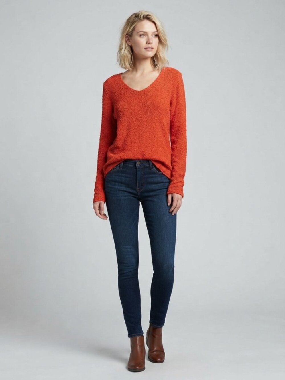 2/$30 Additions by Chico's V-Neck Boucle Pullover Sweater Orange 12 #A4638